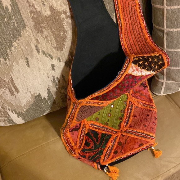 Boho, orange, yellow, tan, patchwork, shoulder bag w/ fringe - Picture 5 of 5